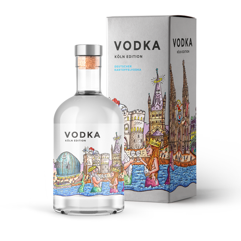 Vodka, Köln Skyline und Geschenkverpackung Vorderseite