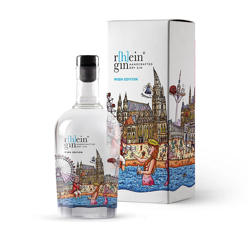 r[h]eingin im farbenfrohen Kunstdesign von Jacques Tilly, puristischer Dry Gin nur mit Wacholder, hochwertige Geschenkverpackung für Städte‑Fans.