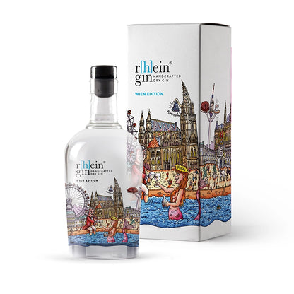r[h]eingin im farbenfrohen Kunstdesign von Jacques Tilly, puristischer Dry Gin nur mit Wacholder, hochwertige Geschenkverpackung für Städte‑Fans.