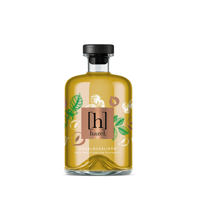hazel. Haselnusslikör in 500 ml Glasflasche mit Korken, Haselnuss‑Nougat‑Likör mit intensivem Nussaroma, 20 % Vol., hochwertiges Design.