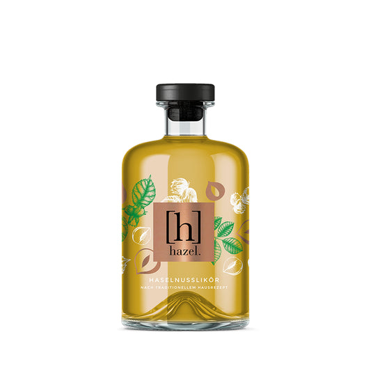 hazel. Haselnusslikör in 500 ml Glasflasche mit Korken, Haselnuss‑Nougat‑Likör mit intensivem Nussaroma, 20 % Vol., hochwertiges Design.