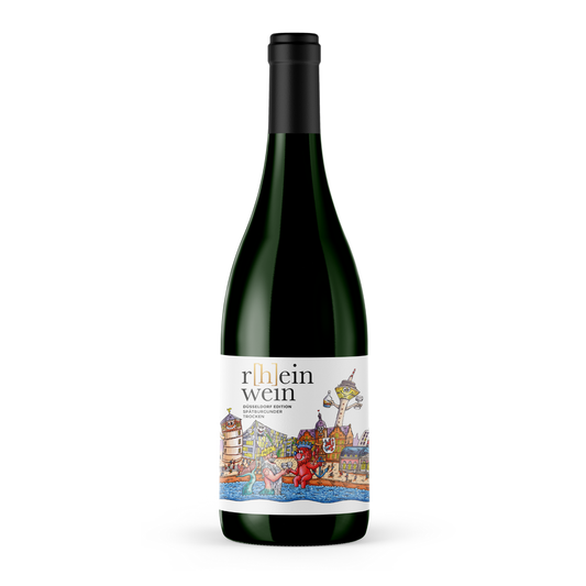 rheinwein Deutscher Qualitätswein Spätburgunder Düsseldorf Kunst Skyline